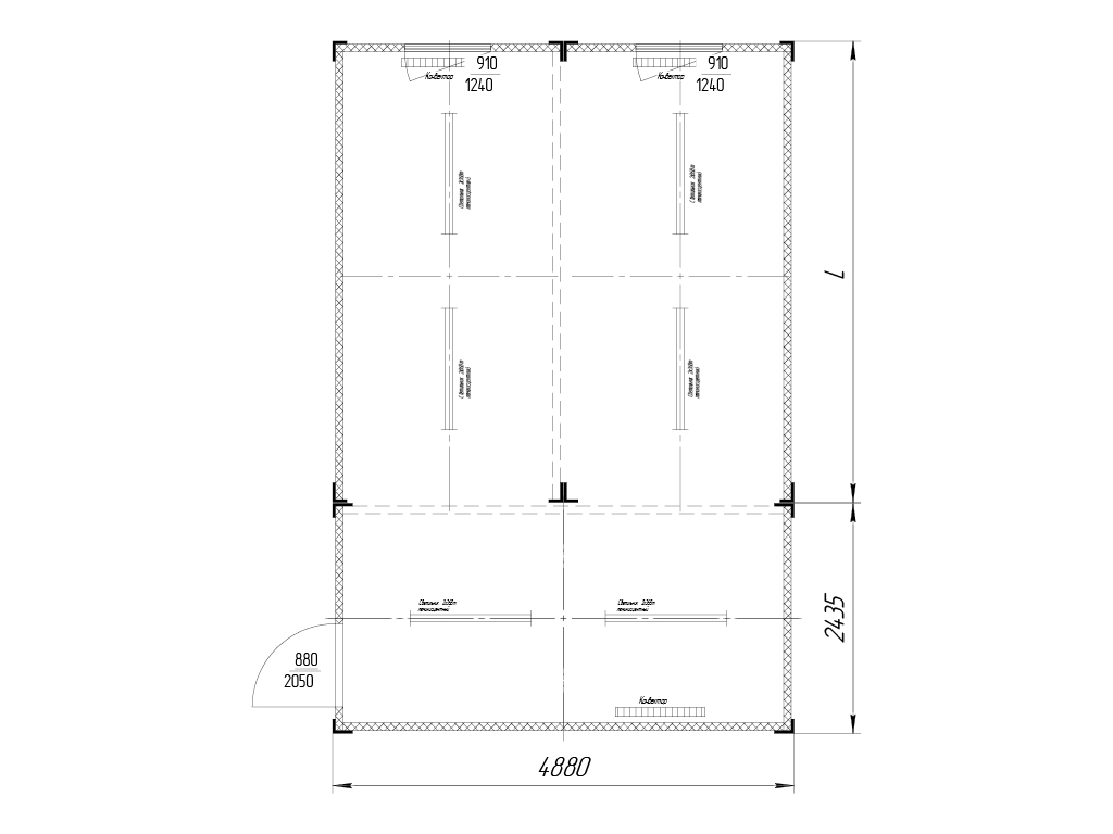 4 880 x 2 435 mm o‘lchamdagi modul bilan kombinatsiya qilingan. L o‘rniga har qanday standart blok-modul qo‘yilishi mumkin.